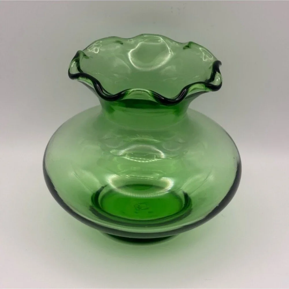 Vintage Forest Green Glass Bud Vase by Anchor Hocking Flared Crimped Edge